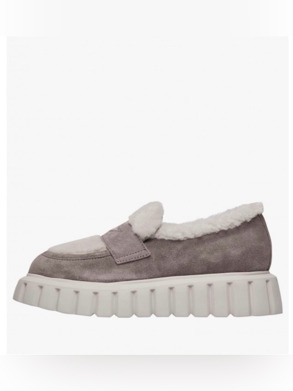 NWT VOILE BLANCHE GRENELLE Mok Fur Suede and Wool Moccasins in Grey-Beige